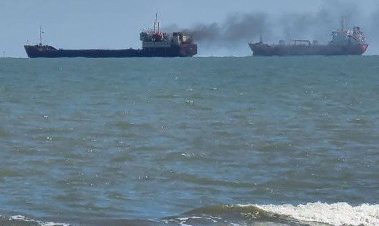 Fire on board of Turkish ship, Azov sea, Russia