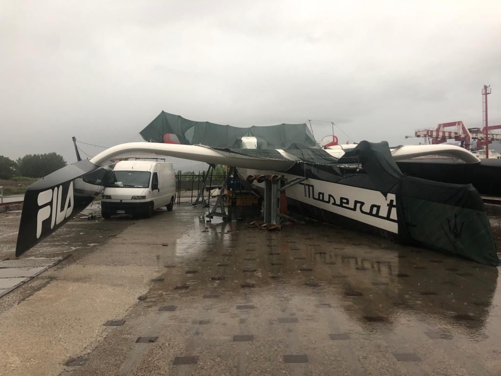 Maserati trimaran ‘thrown into air’ by violent storm at Italian marina