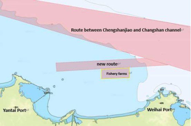 MSA issued notices on route adjustment between Yantai and Weihai and alert of fishery farms to the south of the new route MSA issued notices on route adjustment between Yantai and Weihai and alert of fishery farms to the south of the new route