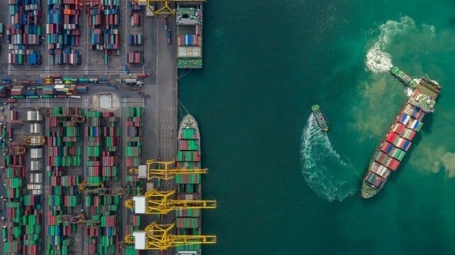 iStock image of a container terminal with a ship pulling out 