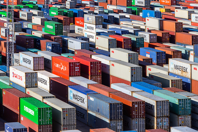 Containers stacked in rows
