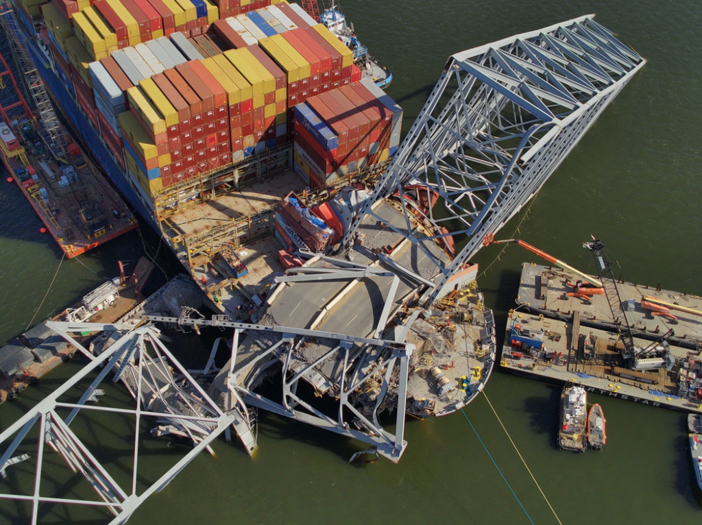 Salvors prepare to remove bridge debris atop boxship Dali