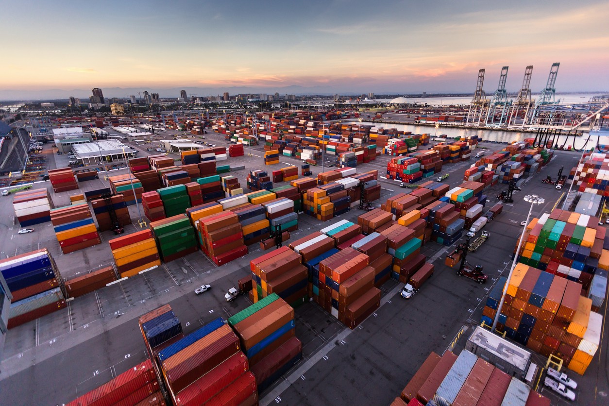 Vast Container Terminal in the Port of Long Beach at Sunset