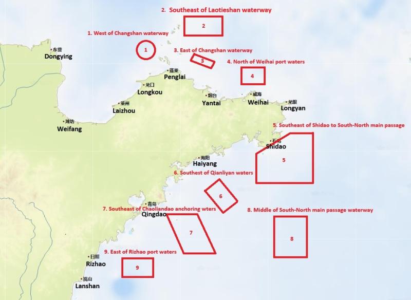 Frequent locations of collision incidents in Baohai Sea and Yellow Sea