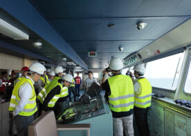 Media Tour of Car Carrier to view cargo handling operations for Cairo, Egypt Metro Train Cars held at Port of Kobe